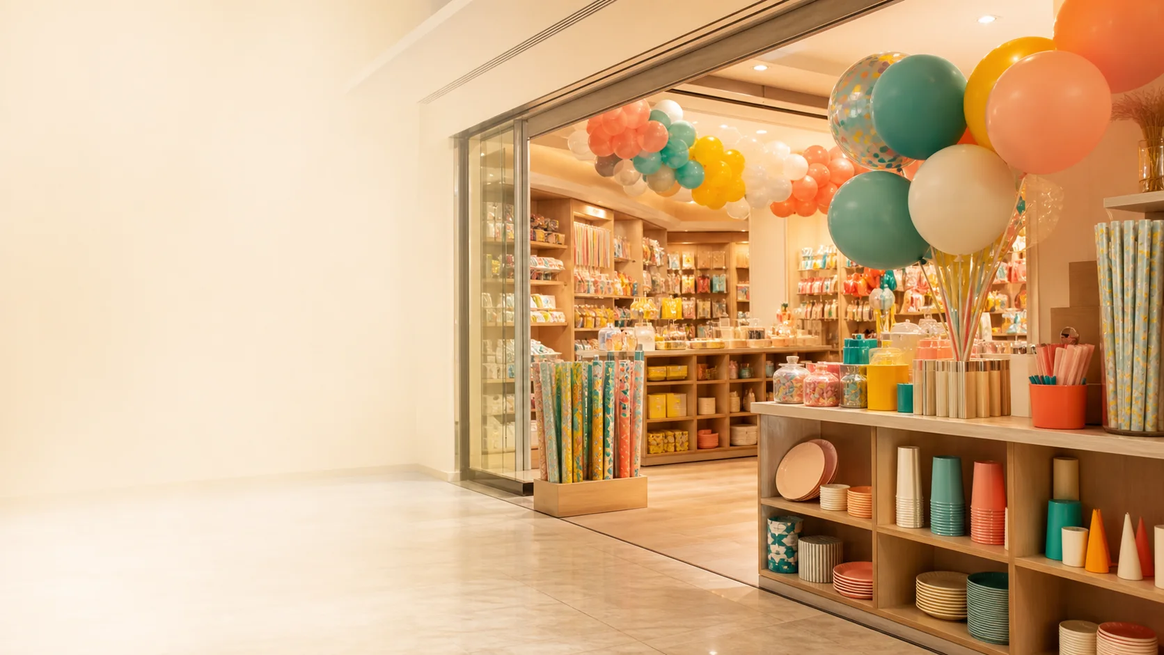 A Party Guru bolt bejárata, lufikkal, az Interspar Centerben, Győrben